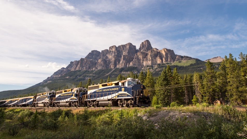 Rocky Mountaineer passing Castle Mountain