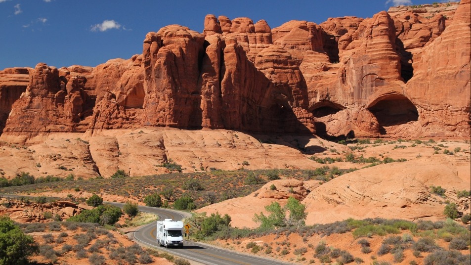 RV driving into Arches National Park