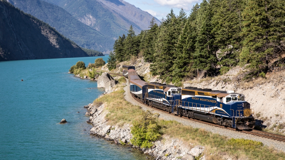 Rocky Mountaineer traveling alongside the Sea to Sky highway north of Vancouver, B.C.