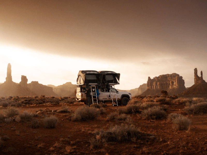 View of a Colorado Overlander camper van in the Moab desert