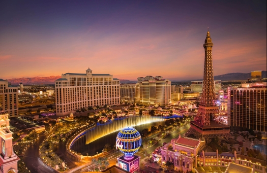 Aerial view of Las Vegas including the fountain show at Hotel Bellagio.